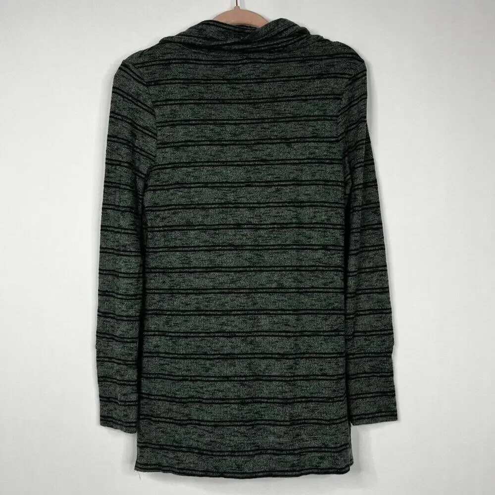 2/$30 Olive + Oak Lidy Cowl Neck Hi-Low Knit Top Tunic Green Striped XS #8908
